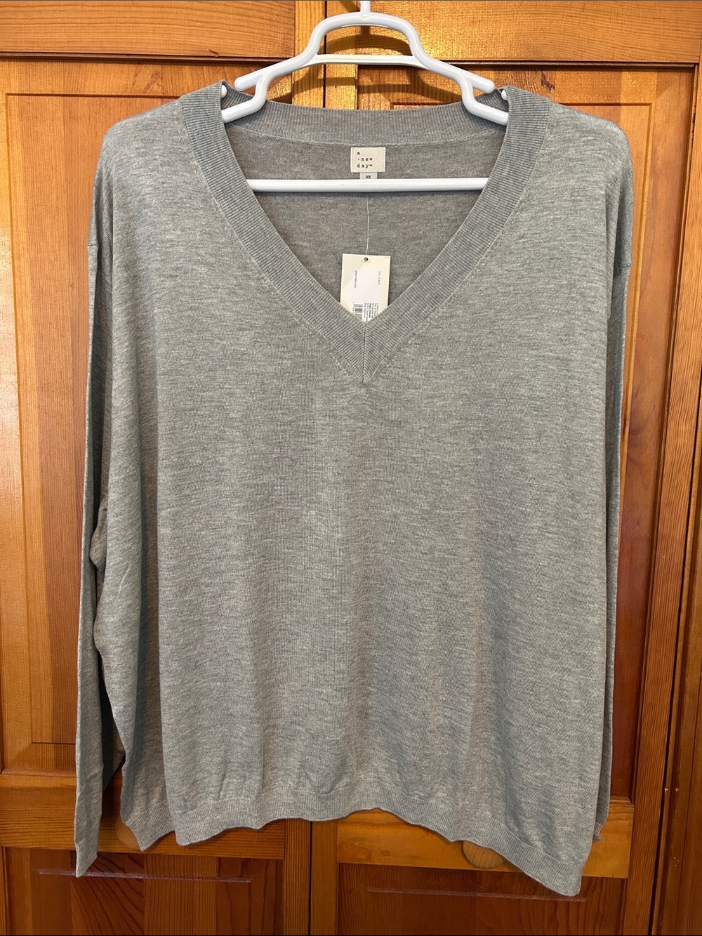 A New Day Gray Lightweight V‑Neck Sweater Plus 3X NWT Soft Stretch Knit